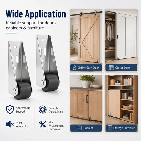 Built Tough Vertical Track Roller Wheels With Quiet Rubber Casters For Sliding Barn Doors And Cabinets 110 Lb Bottom Support Kit shown with applications for doors and furniture.