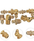 Assorted brass grease fitting kit with SAE straight and angled nozzles for auto and gearhead shop use, durable lubrication fittings.
