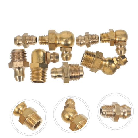 Assorted brass grease fitting kit with SAE straight and angled nozzles for auto and gearhead shop use, durable lubrication fittings.
