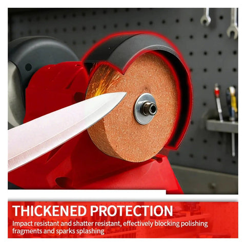 Close-up of Handheld Cordless Bench Grinder With 75Mm Wheel And 150W Motor, showcasing thickened protection around the polishing wheel.