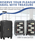 SERABETTO wine suitcase in black, closed and open views showing 10 bottles secured in removable foam inserts.