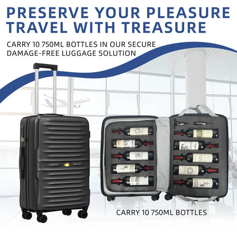 SERABETTO wine suitcase in black, closed and open views showing 10 bottles secured in removable foam inserts.