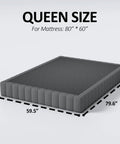 Queen Box Spring With Upholstered Fabric Cover High Profile Heavy Duty Metal Frame Foam Padded Edges Quick Setup Non Scratch Feet For Queen Mattress Foundation Built Tough Game Changer For Bedroom Upgrade Solid Support All Week Long dimensions labeled on design
