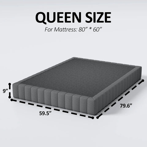 Queen Box Spring With Upholstered Fabric Cover High Profile Heavy Duty Metal Frame Foam Padded Edges Quick Setup Non Scratch Feet For Queen Mattress Foundation Built Tough Game Changer For Bedroom Upgrade Solid Support All Week Long dimensions labeled on design
