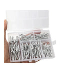 240 Piece Aluminum Alloy Rivets And Fasteners Set in transparent storage box for home projects and auto use.
