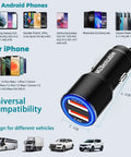 Keep Your Rig Charged Dual Port Car Charger With Quick Charge 3.0 And Six Foot Heavy Duty Nylon Braided USB C Cable For Motorola Phones Universal 12 To 24V Plug And Play Fast Fueling On The Road with dimensions and compatibility details displayed.