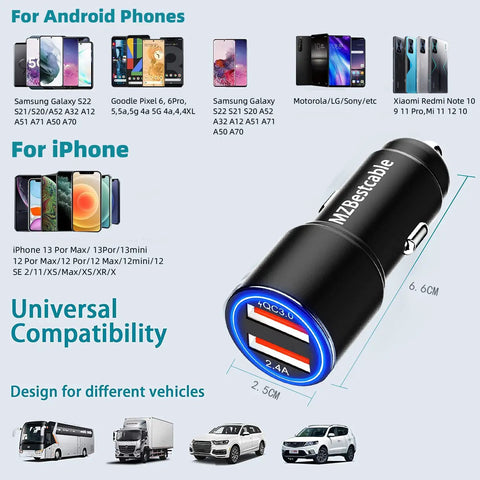 Keep Your Rig Charged Dual Port Car Charger With Quick Charge 3.0 And Six Foot Heavy Duty Nylon Braided USB C Cable For Motorola Phones Universal 12 To 24V Plug And Play Fast Fueling On The Road with dimensions and compatibility details displayed.