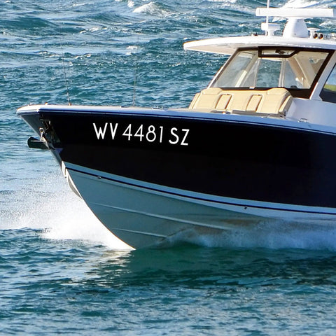 3 Inch White Self Adhesive Vinyl Letters And Numbers Kit displayed on boat identification WV 4481 SZ on water