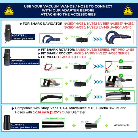 Instructions for using vacuum wand adapters with various models in the All Purpose Vacuum Attachment Kit With Air Driven Pet Upholstery Turbo Brush.