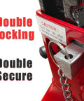 Close-up of Double Locking 3 Ton Steel Pro Grade Jack Stands For Auto Shop And Garage Use, showing locking mechanism.