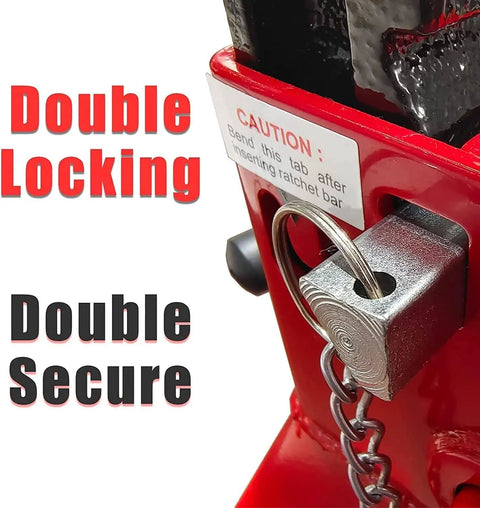 Close-up of Double Locking 3 Ton Steel Pro Grade Jack Stands For Auto Shop And Garage Use, showing locking mechanism.