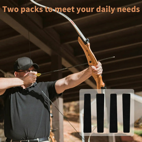 Archer using Bow String Silencers for Longbow and Recurve 2 Pairs Self Adhesive Limb Protectors, outdoors.
