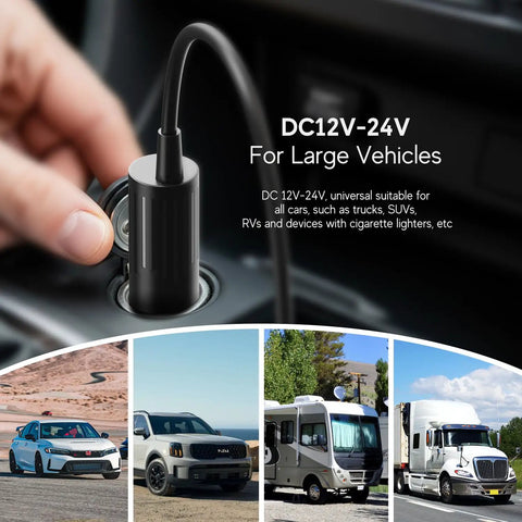 100W USB C Car Charger And PD Fast Power Adapter for 12V-24V vehicles, featuring smart USB-C PD port and adaptability for large vehicles.