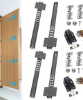 Smooth Operator 22 Inch Pocket Door Hardware Kit with built tough steel rollers and hinges displayed on cabinet doors.