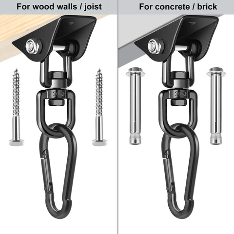 Heavy Duty 360 Degree Swivel Porch Swing Hanging Kit Built For 1200 Lb Capacity Stainless Steel Hanger Perfect For Hammocks Chairs And More Includes 2 Hangers Screws Bolts And Hooks For Quick Setup displayed for wood and concrete installation