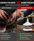 Comparison of hand packing with dirty hands vs clean Bearing Grease Packer Tool For Cars Trucks And Trailers on a workbench