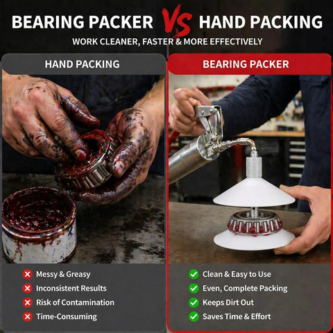 Comparison of hand packing with dirty hands vs clean Bearing Grease Packer Tool For Cars Trucks And Trailers on a workbench