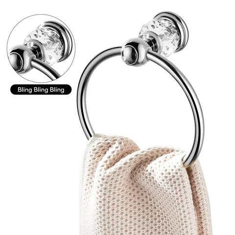Slick Chrome Towel Ring With Crystal Accent, Flexible 180 Degree Rotating Wall Mounted Bath Hand Towel Holder, Silver Towel Rack