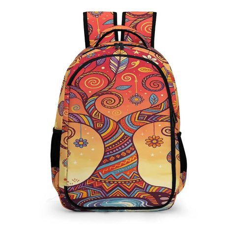 Dope Swirl Tree Moon Print Unisex Backpack With Large Capacity Durable Polyester Daypack front view with tribal design.