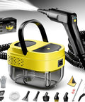Powerful 2500W Handheld Steam Cleaner With 3 Level Adjustable Handle And 16 Accessories, showing yellow steam cleaner with plastic body and attachments.