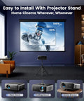 Living room setup with Smart Outdoor Projector With Built In Apps And 4K Support, WiFi And Bluetooth, Auto Focus, Dual Speakers, YouTube And Prime Video Ready, Upgraded P62 Pro Performance For Backyard Movie Nights on tripod stand.