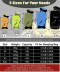 Infographic showing Compression Sack That Frees Up 40 Percent More Space, Ultralight Sleeping Bag Stuff Sack options S to XXL sizes.