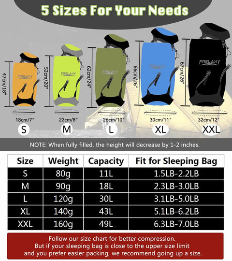 Infographic showing Compression Sack That Frees Up 40 Percent More Space, Ultralight Sleeping Bag Stuff Sack options S to XXL sizes.