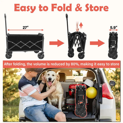 Collapsible Wagon Cart With Adjustable Handle No-Fuss 360 Lb Capacity Lightweight Black Haul Wagon folded and stored in car trunk