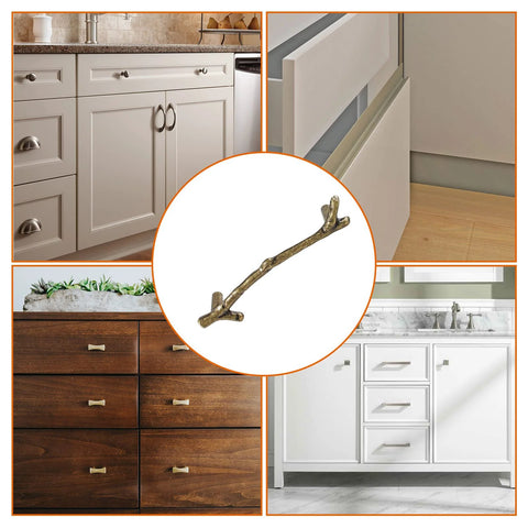 Bronze Twig Drawer Pulls Set Of 4 Zinc Alloy Rustic Tree Branch Handles for kitchen cabinets, wardrobes, and dressers, easy installation.