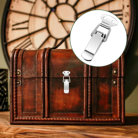 Stainless Steel Spring Loaded Toggle Latch Set Four Pack With Screws on wooden box, demonstrating secure closure.