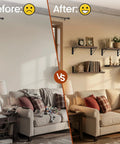 Before and after of Rustic Wood Floating Wall Shelves Set Of Four Corner Shelves in living room setup