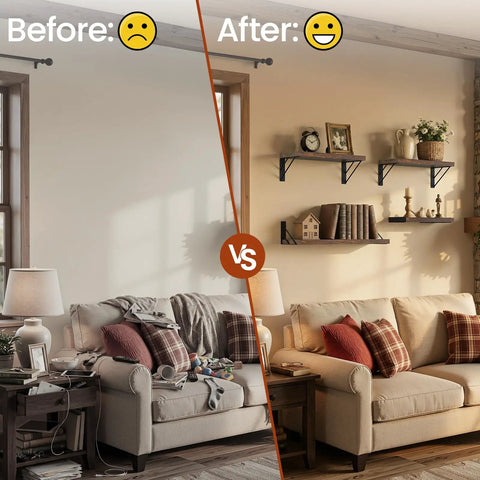 Before and after of Rustic Wood Floating Wall Shelves Set Of Four Corner Shelves in living room setup