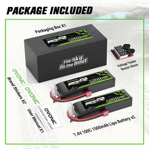 Package with two 7.4V 1500mAh 100C 2S LiPo Battery with soft case and Dean T-Connector for foamy airplanes and RC cars