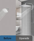 Comparison of standard shower and All Metal 3 Way Shower Arm Diverter Valve with 16 Inch Shower Head Extension, brushed nickel.