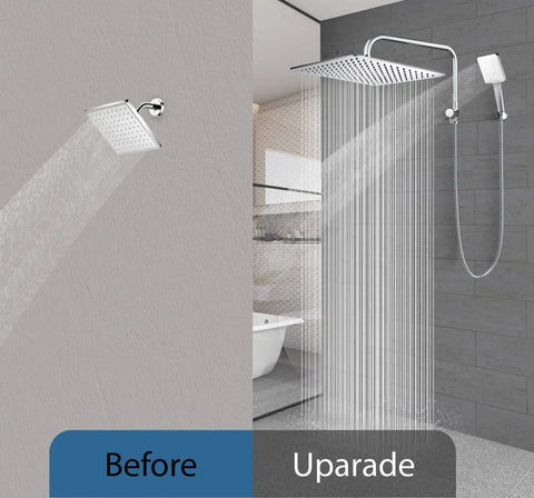 Comparison of standard shower and All Metal 3 Way Shower Arm Diverter Valve with 16 Inch Shower Head Extension, brushed nickel.