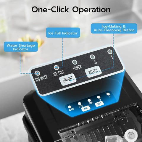 Countertop Bullet Ice Maker Delivers 26 Lbs Per Day Of Bullet Ice In 6 Minutes With Small And Large Ice Sizes, control panel close-up