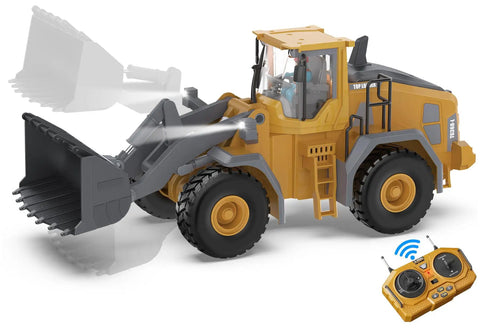 Metal RC Wheel Loader Toy With 9 Channel Remote Control showcasing 1:20 scale design, realistic lights, and detailed construction.