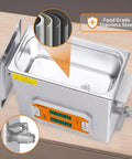 Knock Out Gnarly Grime Six Liter Digital Ultrasonic Cleaner With Smooth Touch Screen Control And Solid Stainless Steel Tank, showcasing the food grade stainless steel tub and digital display.