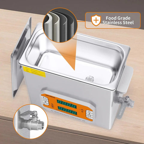 Knock Out Gnarly Grime Six Liter Digital Ultrasonic Cleaner With Smooth Touch Screen Control And Solid Stainless Steel Tank, showcasing the food grade stainless steel tub and digital display.