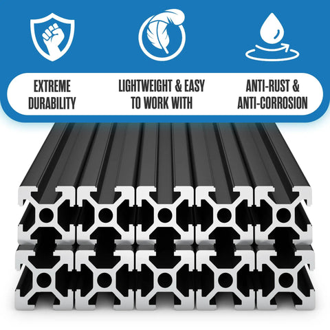 Aluminum Extrusion T Slot Rail 20x20mm 1220mm Kit For 3D Printer CNC Framing And DIY Projects, showing black T-slot rails