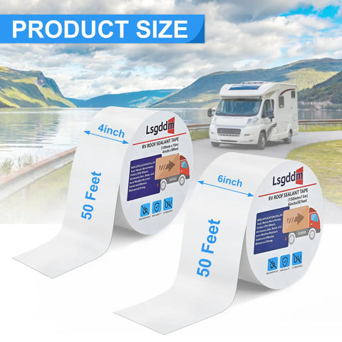 RV Roof Tape 4 Inch By 50 Feet White Sealant Tape For Roof Repair On RVs, trailers, boats, shown in outdoor setting with RV.