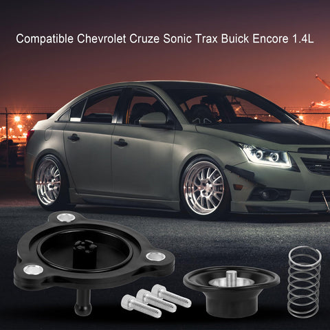 Gt14 Turbo Vacuum Actuator OEM Replacement For Chevy Cruze Sonic Trax Buick Encore 1.4L Turbo Pressure Relief Valve Actuator GT1446 Compatible Performance Upgrade displayed alongside a Chevy car backdrop.