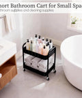 Two Tier Metal Rolling Utility Cart With Wheels For Under Desk Storage And Home Office Organization in bathroom