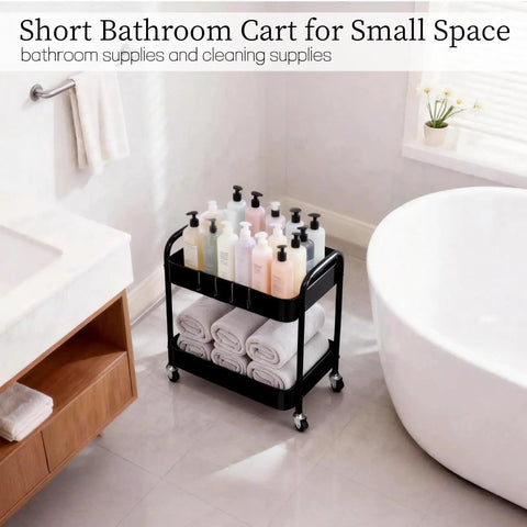Two Tier Metal Rolling Utility Cart With Wheels For Under Desk Storage And Home Office Organization in bathroom