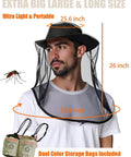 Man wearing Two Pack Mosquito Head Net For Hats, Ultra Fine Ice Silk Bug Mask Hood With Large Mesh, size dimensions shown.