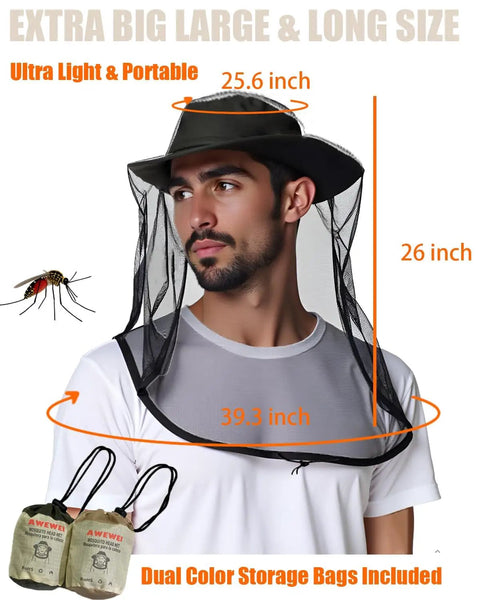 Man wearing Two Pack Mosquito Head Net For Hats, Ultra Fine Ice Silk Bug Mask Hood With Large Mesh, size dimensions shown.