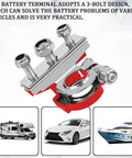 Premium Pure Copper Battery Terminal Pair For Cars And Trucks, Positive And Negative Top Post Connector, showing 3-bolt design for vehicles.
