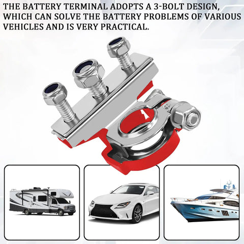 Premium Pure Copper Battery Terminal Pair For Cars And Trucks, Positive And Negative Top Post Connector, showing 3-bolt design for vehicles.
