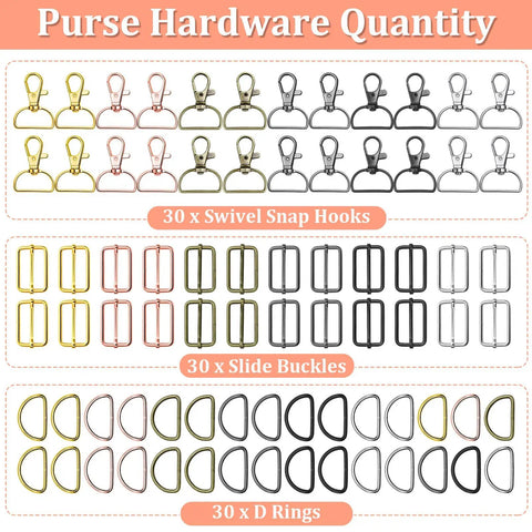Heavy Duty Keychain Bulk With Swivel Hooks D Rings And Slide Buckles For Handbag Purse Hardware Craft Badass Gear To Build Tough Straps And Slick Bag Upgrades One Inch, showing 30 swivel snap hooks, 30 slide buckles, and 30 D rings.