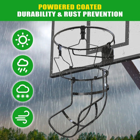 360-Degree Swivel Track Basketball Return Attachment For Home Courts With Quick-Setup Non-Slip Rebounder And Adjustable Angles For Every Shot From Free Throws To Three-Pointers Multi-Directional Practice Tool, black powder-coated metal hoop